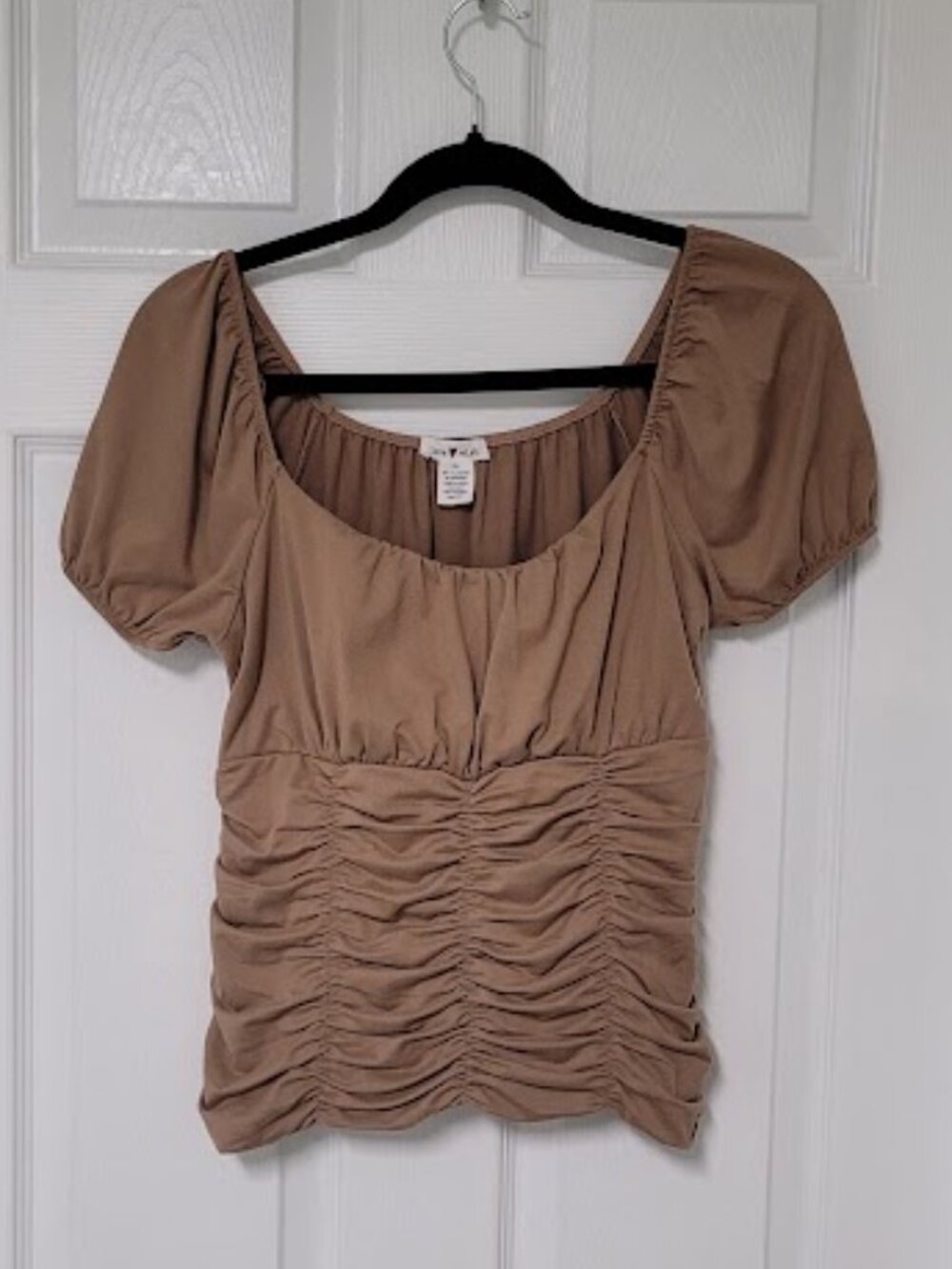 Caramel Ruched Puff Sleeve Top-Fits Med to XL-Fall-date-going out shirt-romantic